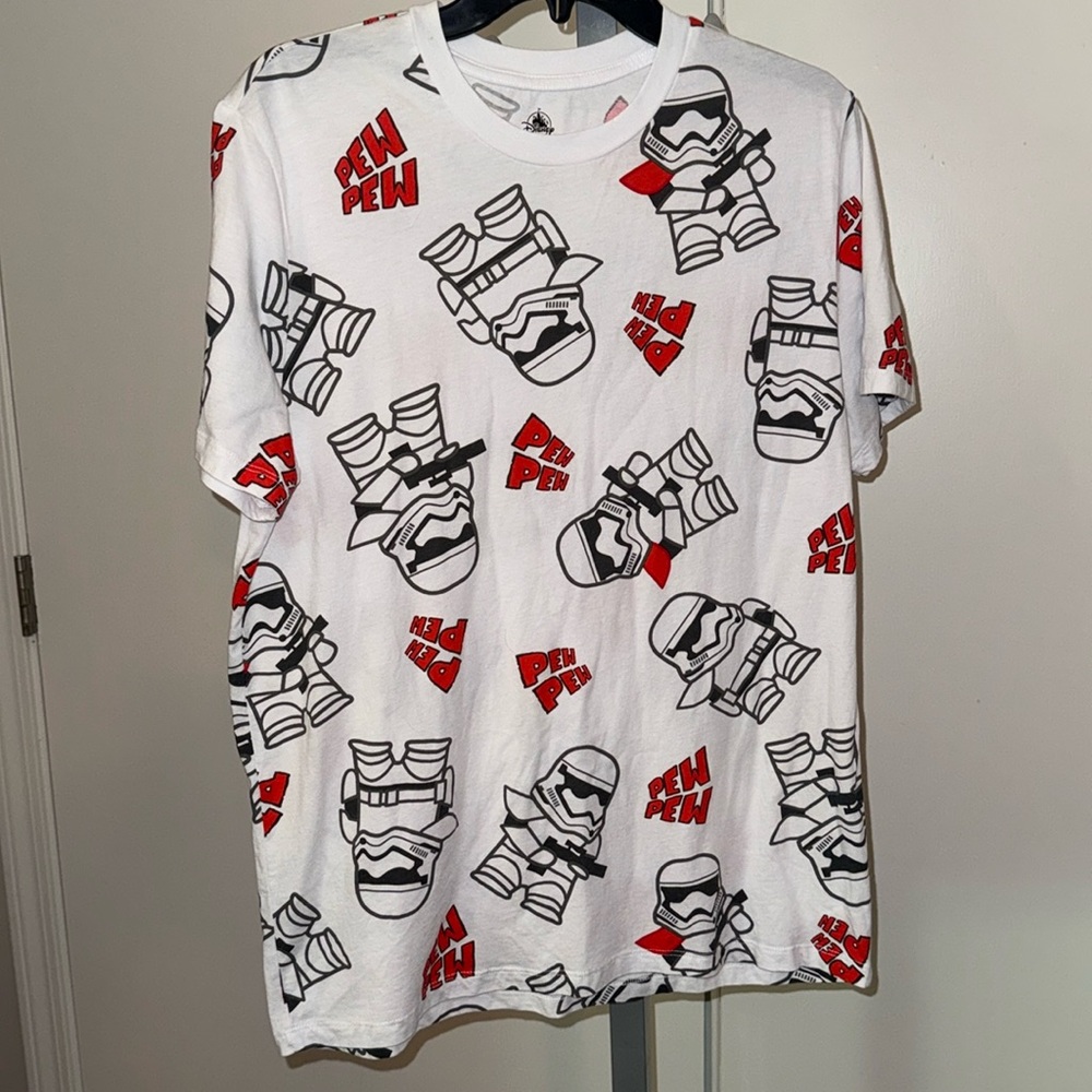 NWOT Disney Parks Star Wars Stormtrooper Pew Pew All Over Print Shirt, Mens Sz M